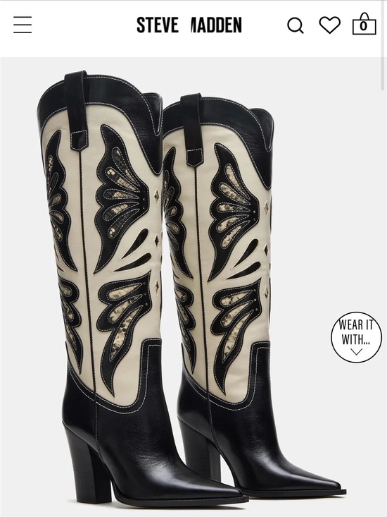 Steve Madden Shoes - Steve Madden Black and Cream Western Knee-High Embroidered Boots